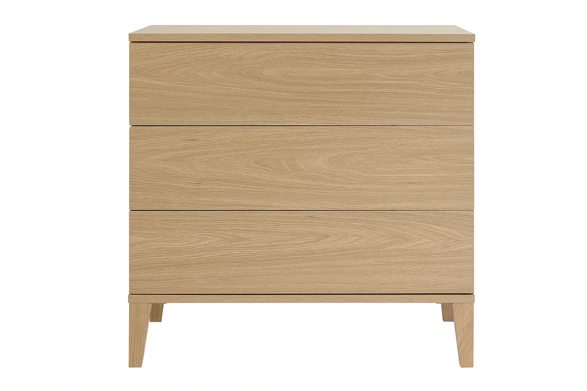 Meuble de salle de bain en bois ch�ne, trois tiroirs, vue de face.