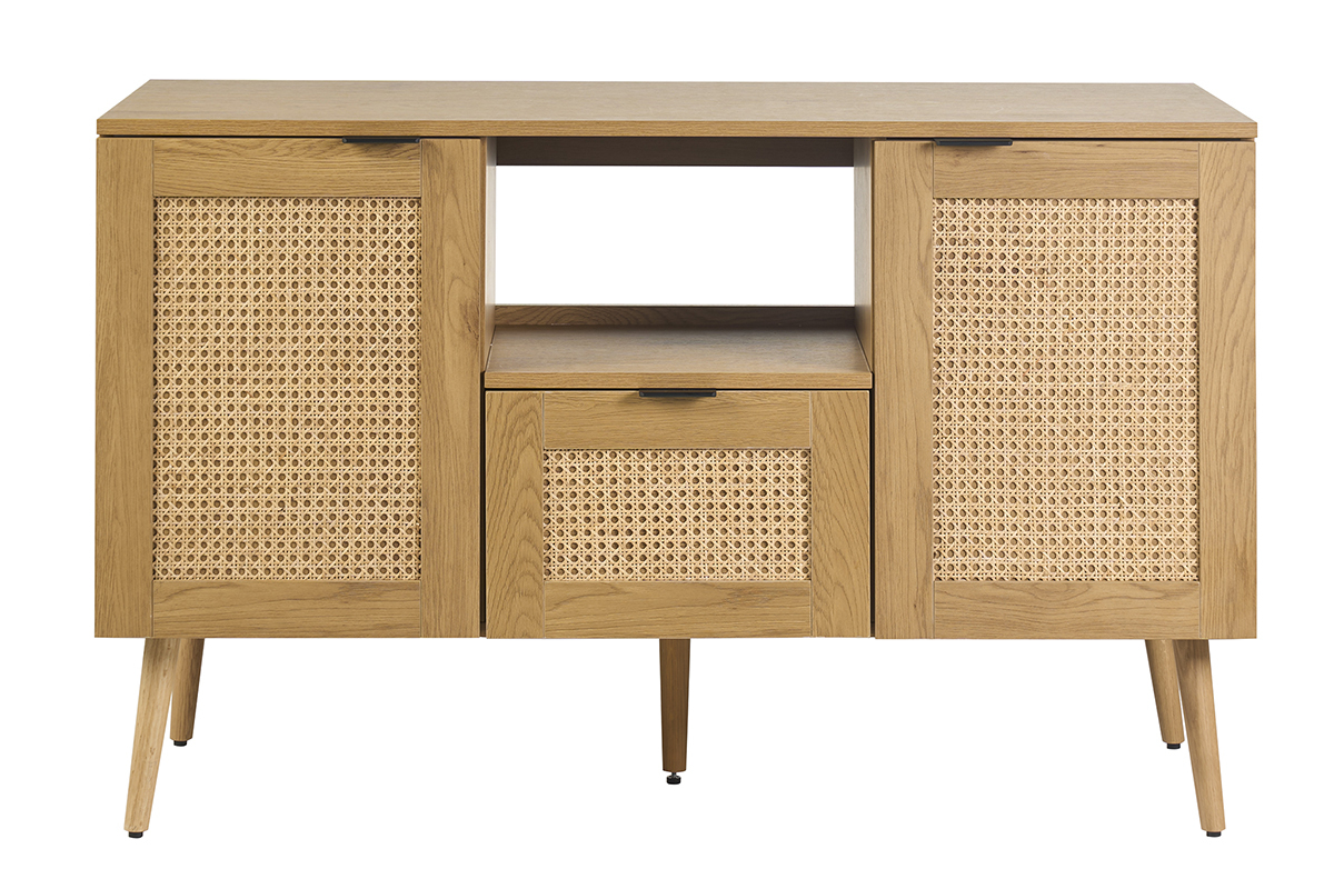 Meuble de salle de bain en bois clair avec cannage rotin et m�tal noir, vue de face.
