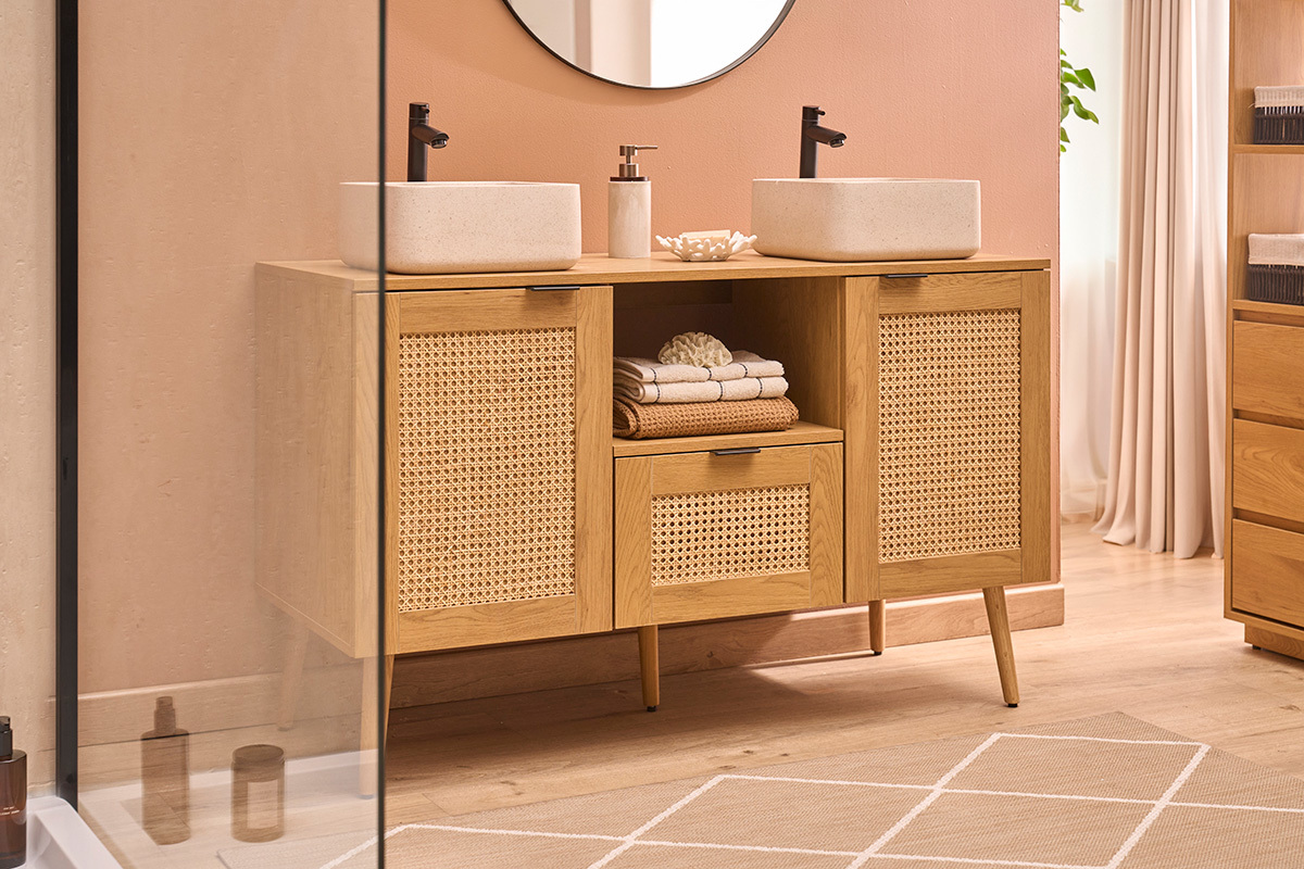 Meuble de salle de bain finition bois clair, cannage rotin et m�tal noir L120 cm MANILLE