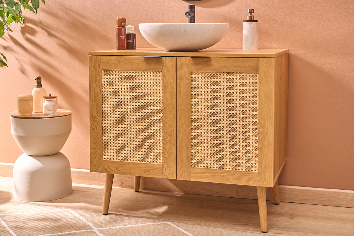 Meuble de salle de bain finition bois clair, cannage rotin et m�tal noir L80 cm MANILLE