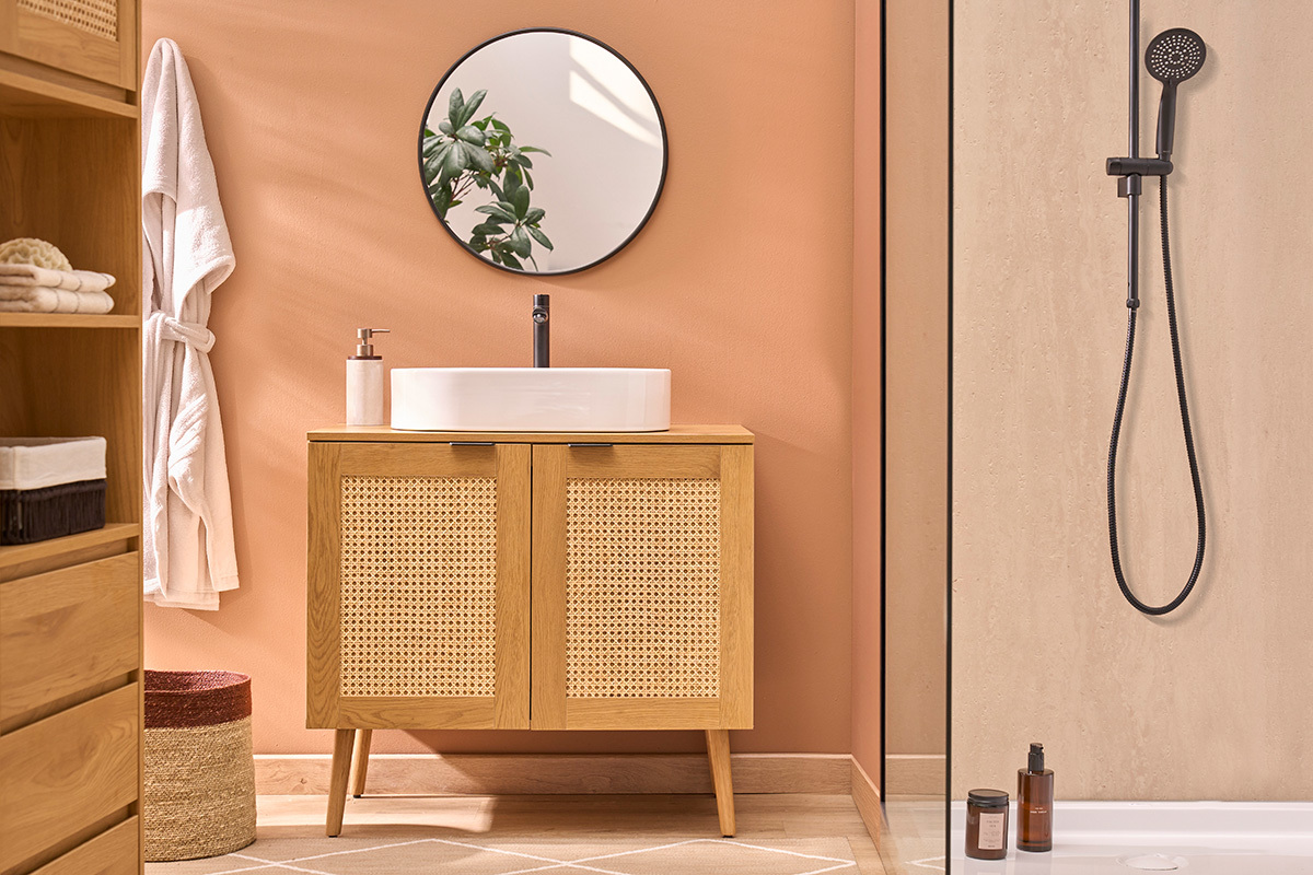 Meuble de salle de bain finition bois clair, cannage rotin et m�tal noir L80 cm MANILLE