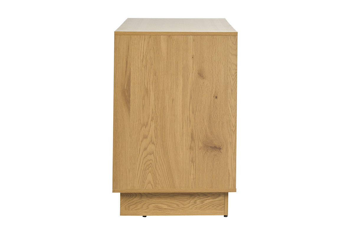 Meuble de salle de bain en bois clair ch�ne, vue de c�t�, avec cannage rotin.