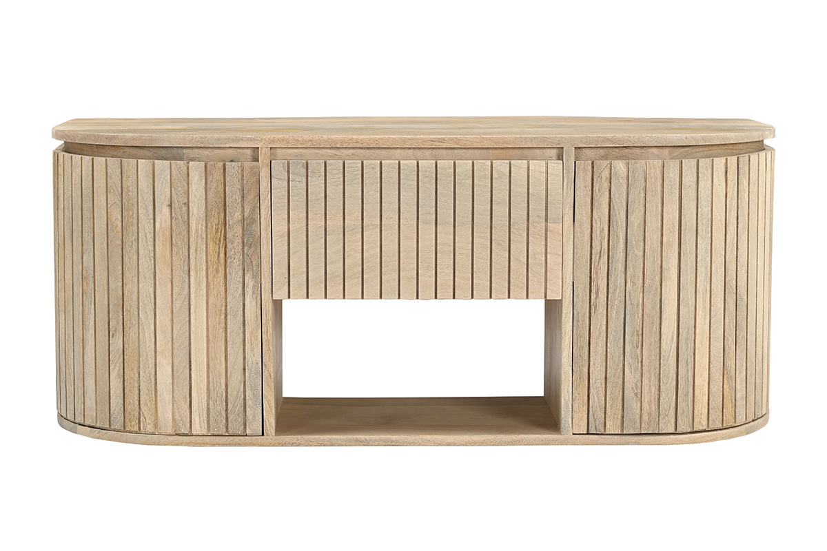 Meuble de salle de bain suspendu en bois manguier massif, vue de face, avec fa�ade cannel�e et tiroir central.