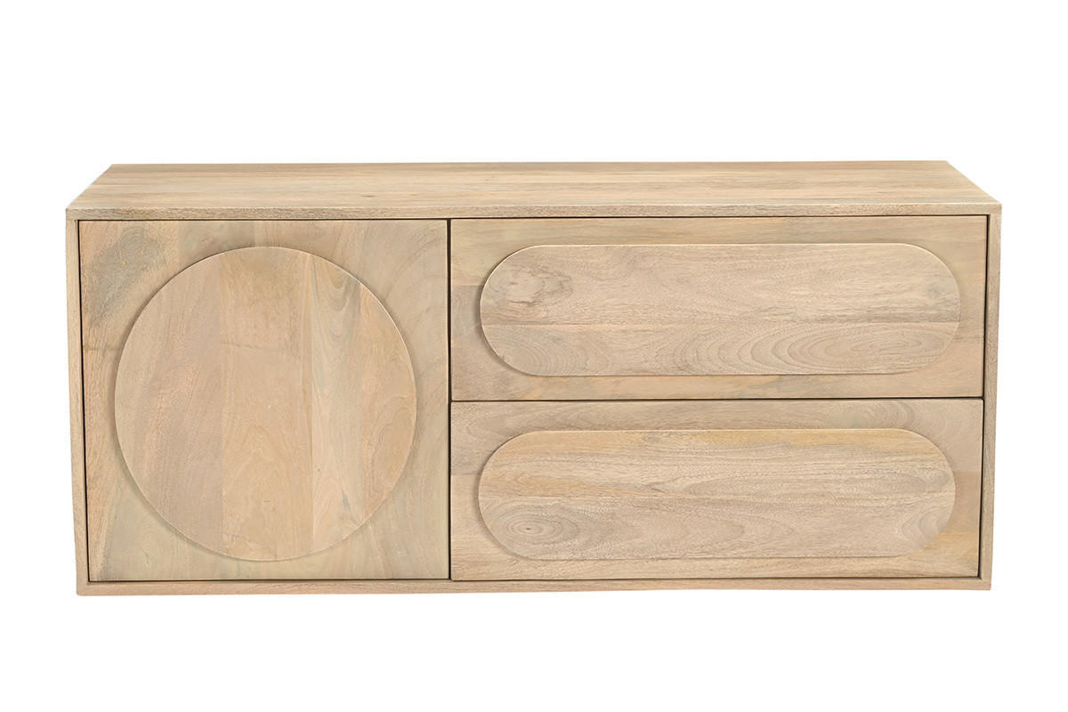 Meuble de salle de bain suspendu en bois manguier massif, vue de face, L120 cm