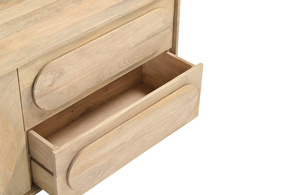 Meuble de salle de bain suspendu en bois manguier massif avec tiroirs ouverts, vue de pr�s