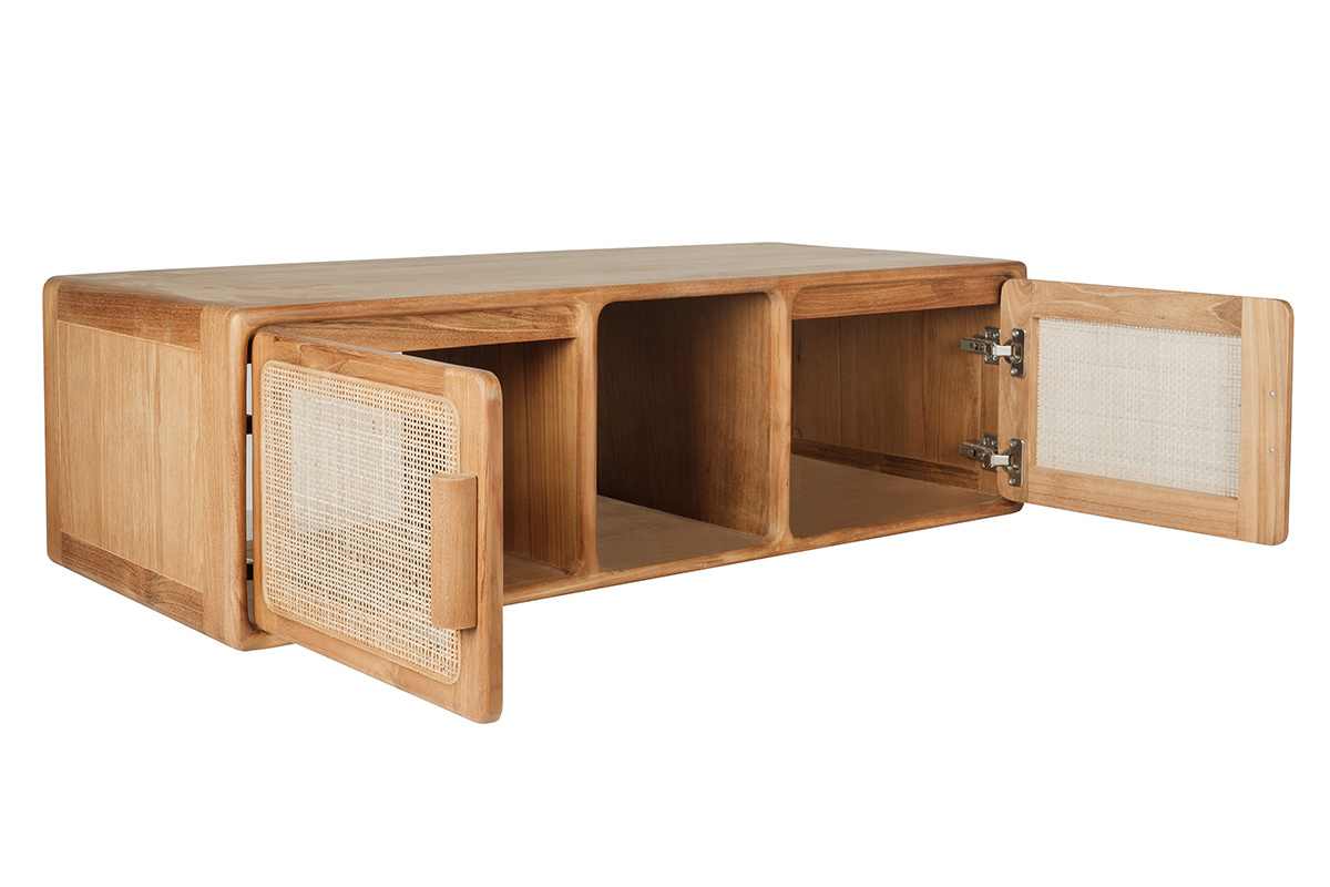 Meuble de salle de bain suspendu en bois teck avec portes en cannage, vue de 3/4.