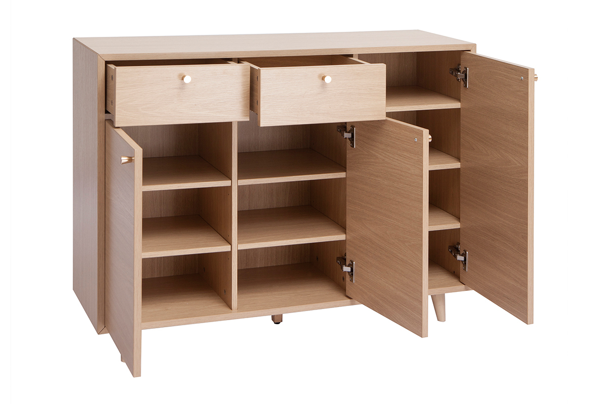 Meuble d'entr�e en bois clair, deux tiroirs ouverts, trois portes ouvertes, plusieurs niches visibles.