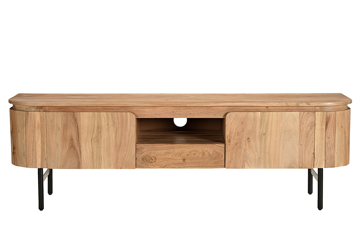 Meuble TV avec rangements en bois massif et m�tal noir L160 cm NAPOLI