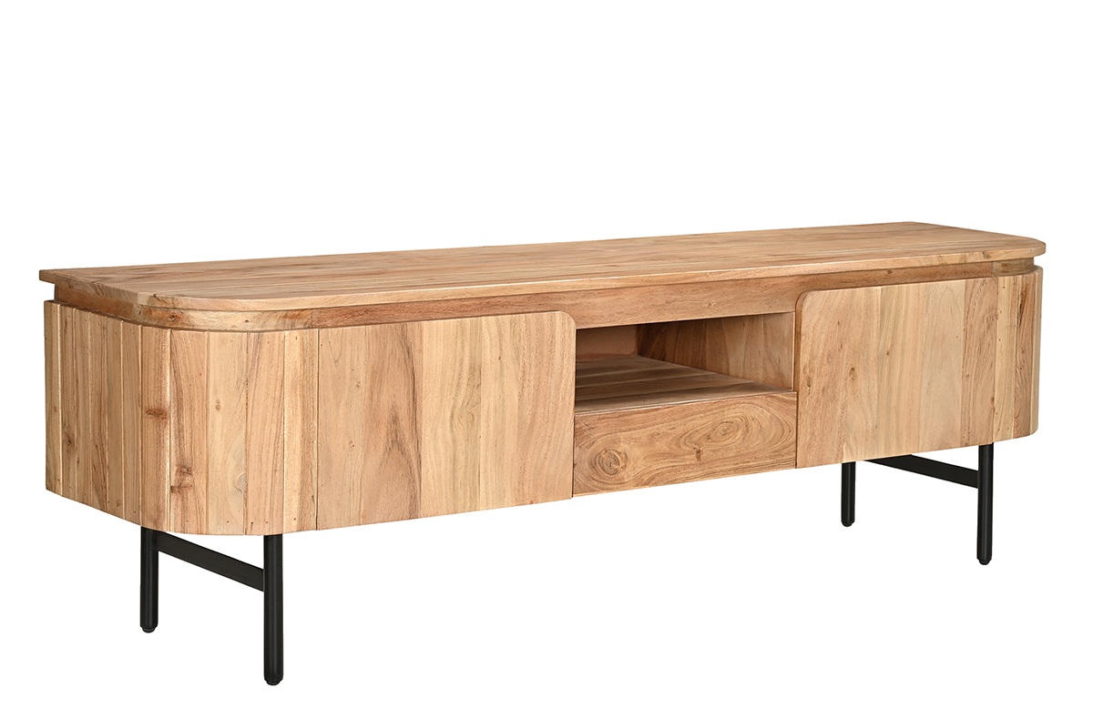 Meuble TV avec rangements en bois massif et m�tal noir L160 cm NAPOLI