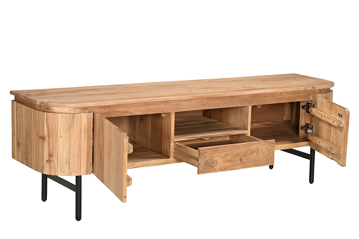 Meuble TV avec rangements en bois massif et m�tal noir L160 cm NAPOLI