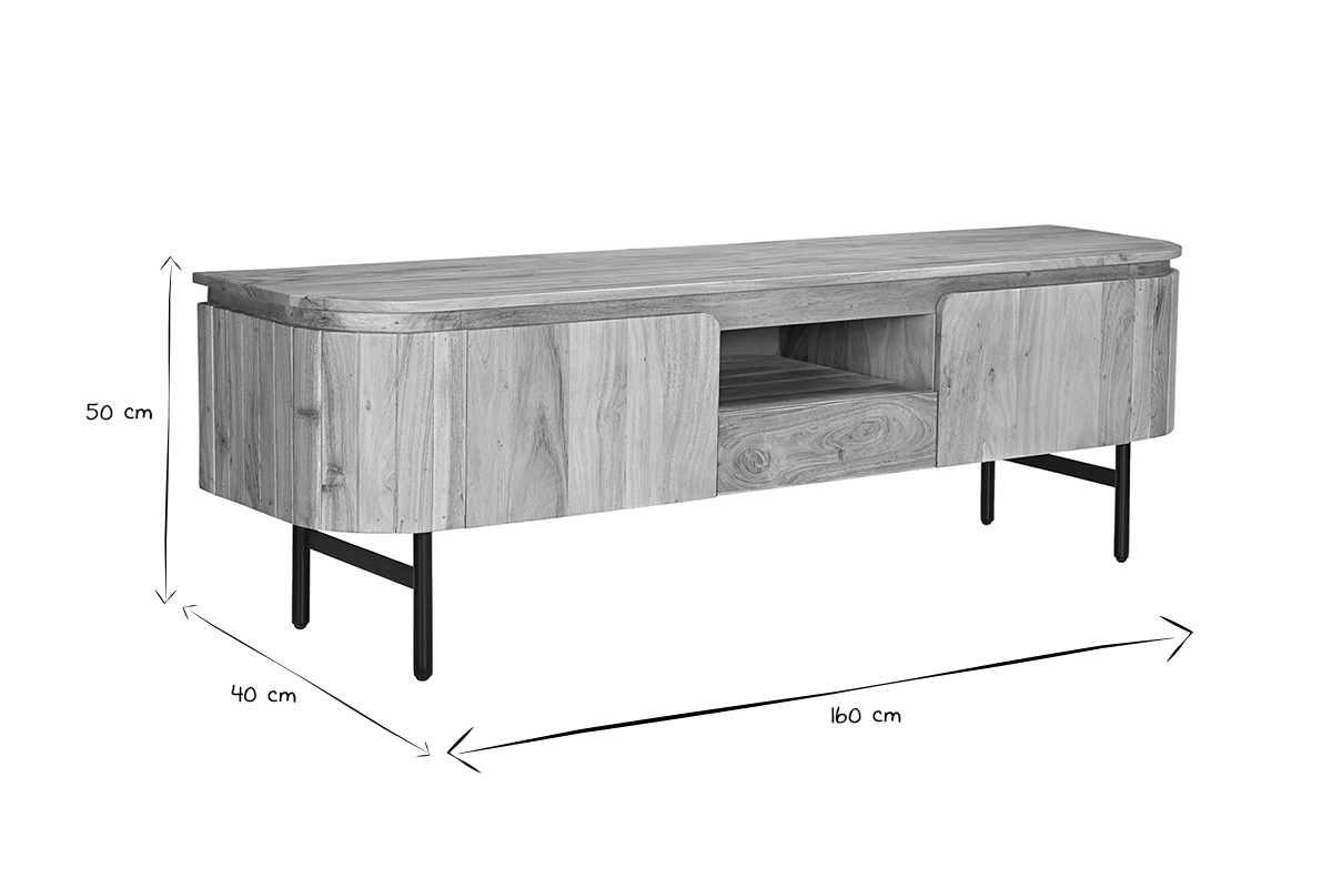 Meuble TV avec rangements en bois massif et m�tal noir L160 cm NAPOLI