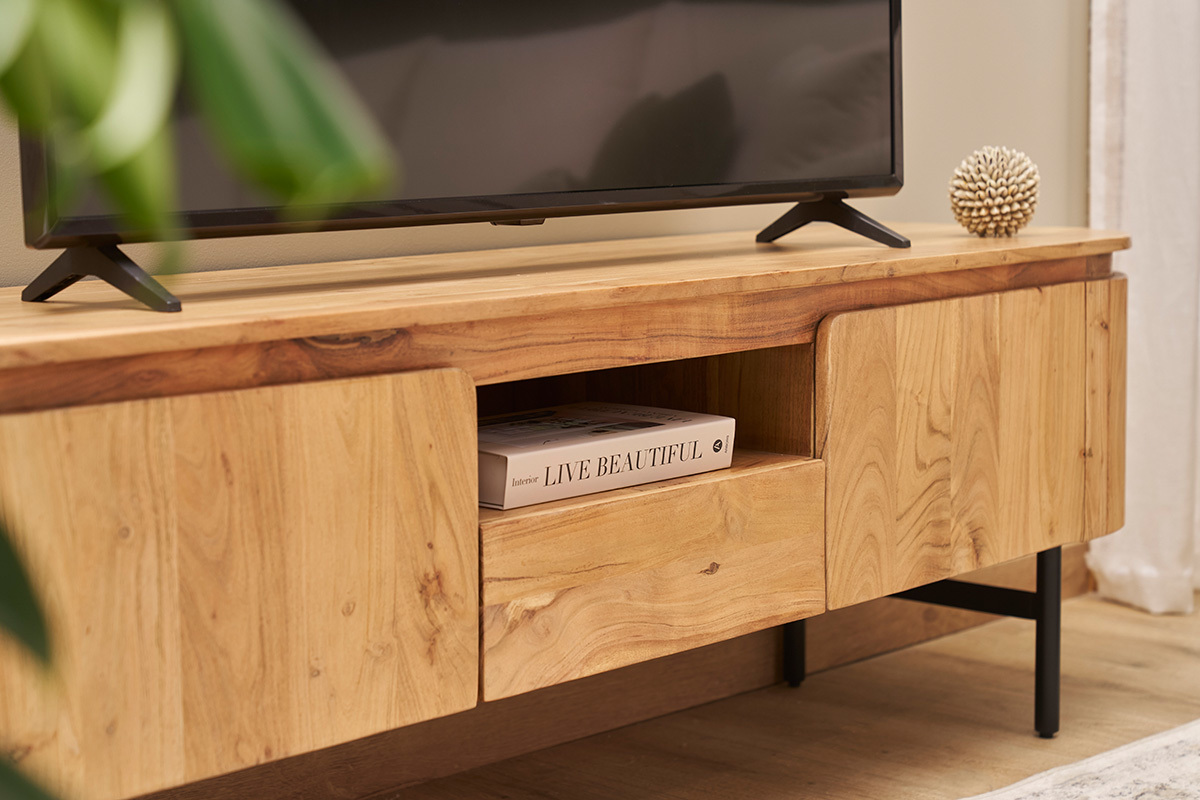Meuble TV avec rangements en bois massif et m�tal noir L160 cm NAPOLI