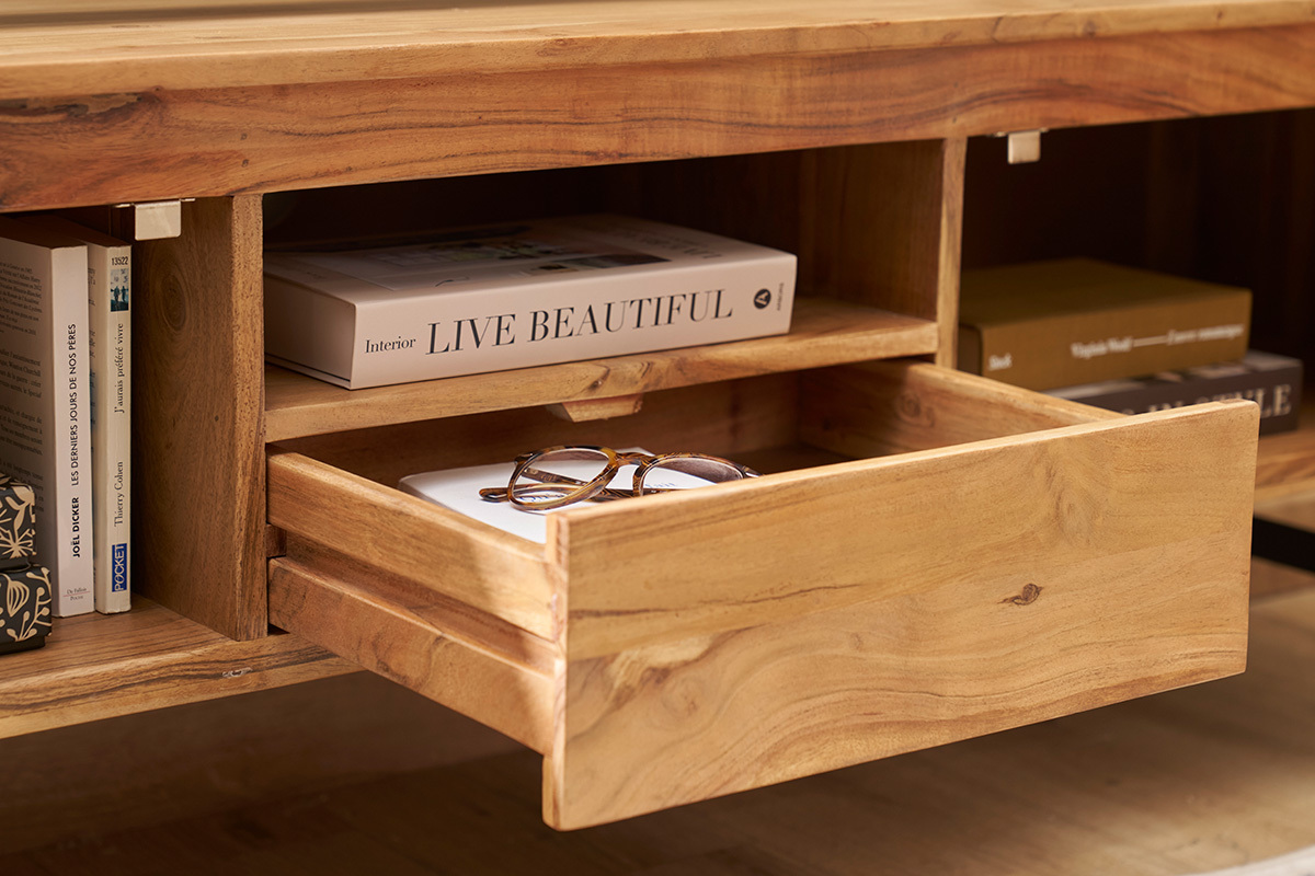 Meuble TV avec rangements en bois massif et m�tal noir L160 cm NAPOLI