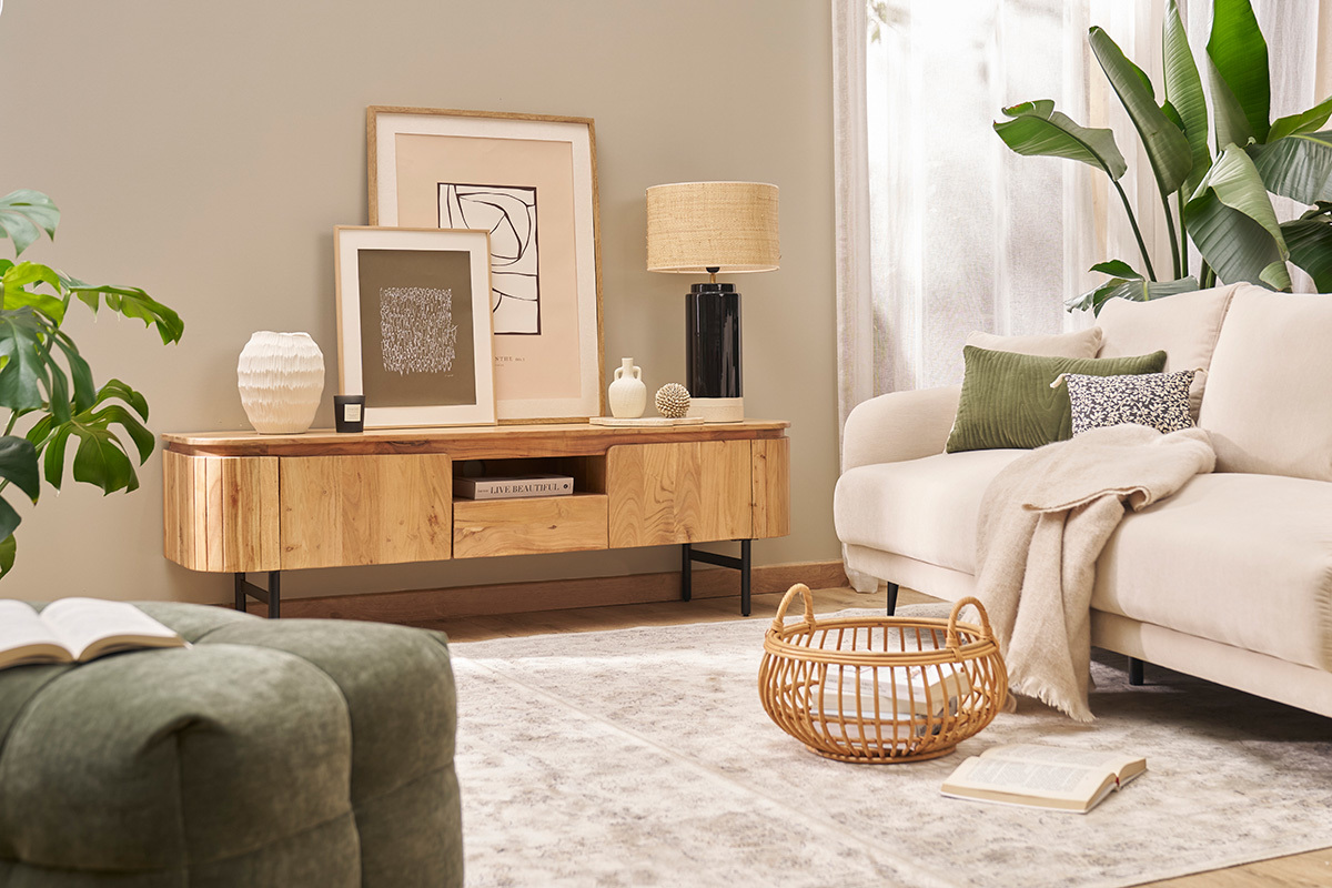 Meuble TV avec rangements en bois massif et m�tal noir L160 cm NAPOLI