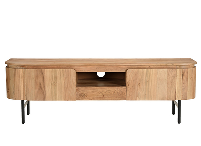 Meuble TV avec rangements en bois massif et m&eacute;tal noir L160 cm NAPOLI
