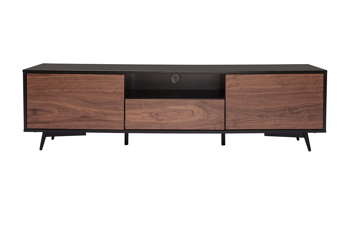 Meuble TV bois fonc� noyer, noir mat et m�tal noir 2 portes 1 tiroir L160 cm MERMOZ