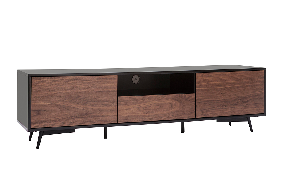 Meuble TV bois fonc� noyer, noir mat et m�tal noir 2 portes 1 tiroir L160 cm MERMOZ