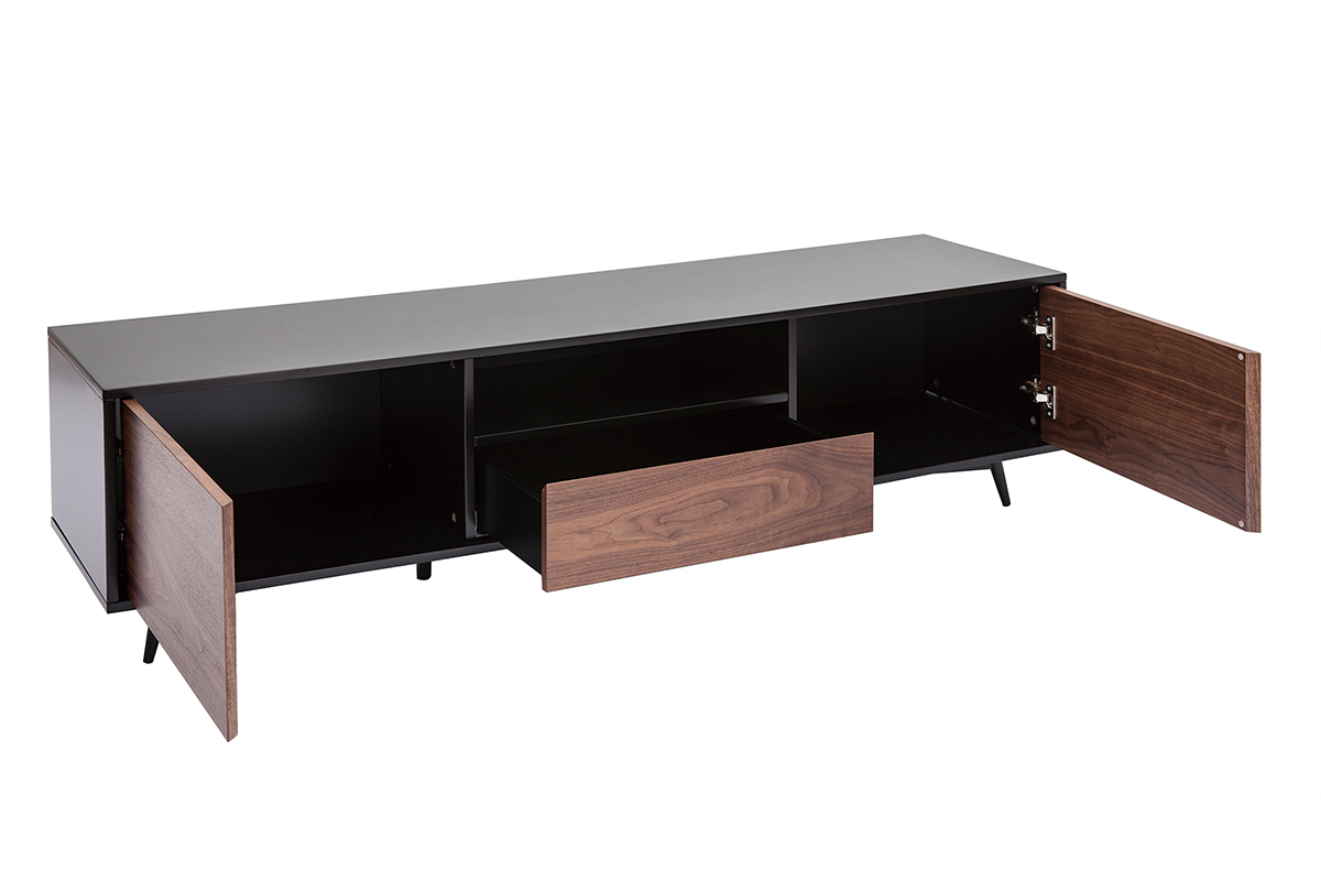 Meuble TV bois fonc� noyer, noir mat et m�tal noir 2 portes 1 tiroir L160 cm MERMOZ