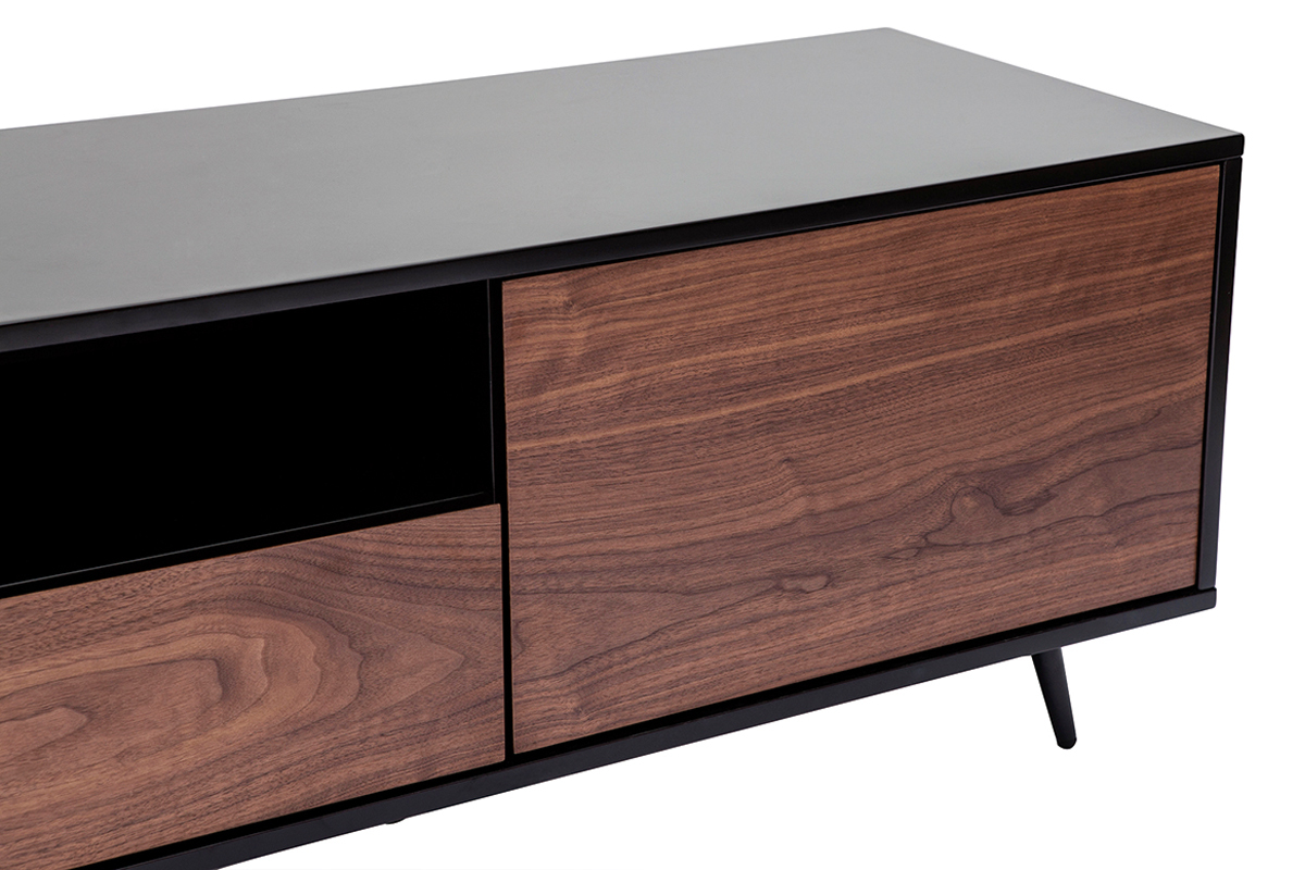 Meuble TV bois fonc� noyer, noir mat et m�tal noir 2 portes 1 tiroir L160 cm MERMOZ