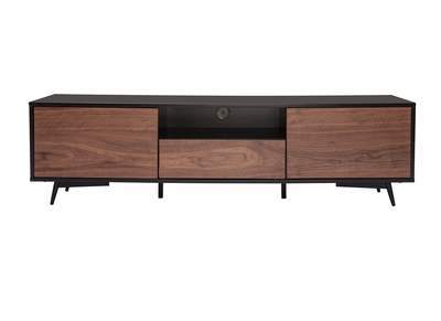 Meuble TV bois fonc&eacute; noyer, noir mat et m&eacute;tal noir 2 portes 1 tiroir L160 cm MERMOZ