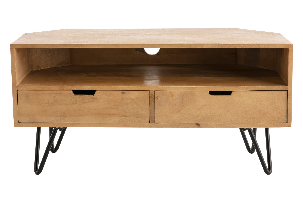 Meuble TV d'angle en bois manguier massif et m�tal noir L100 cm VIBES