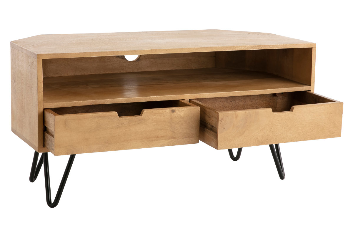 Meuble TV d'angle en bois manguier massif et m�tal noir L100 cm VIBES