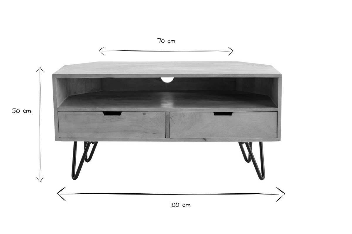 Meuble TV d'angle en bois manguier massif et m�tal noir L100 cm VIBES