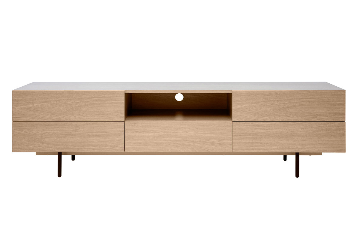 Meuble TV design avec rangements finition bois clair ch�ne et m�tal noir L180 cm ALASKA