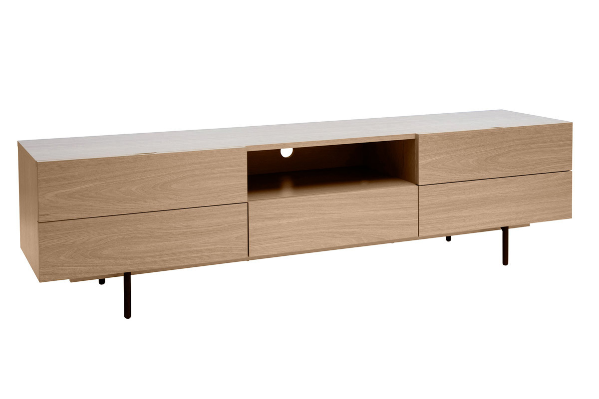 Meuble TV design avec rangements finition bois clair ch�ne et m�tal noir L180 cm ALASKA
