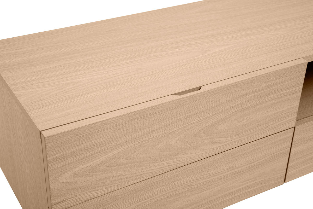 Meuble TV design avec rangements finition bois clair ch�ne et m�tal noir L180 cm ALASKA