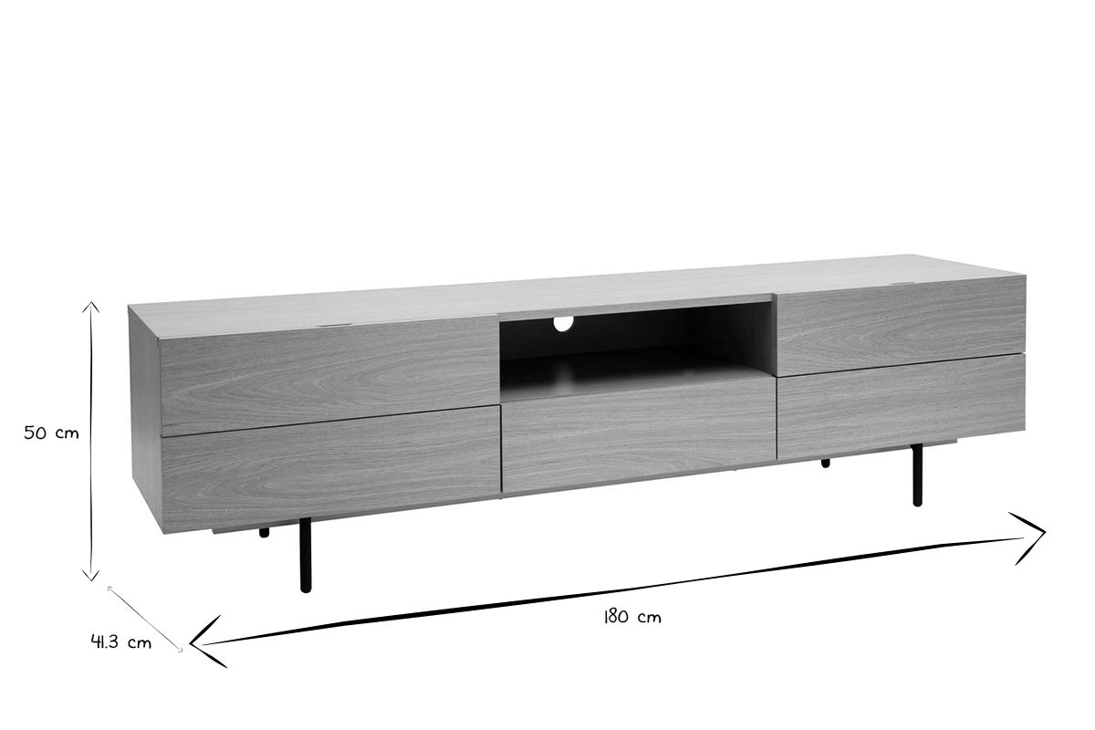 Meuble TV design avec rangements finition bois clair ch�ne et m�tal noir L180 cm ALASKA