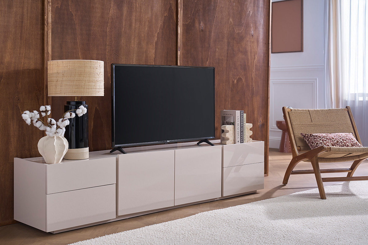 Meuble TV design beige laqu� brillant avec rangements L200 cm ISAURE