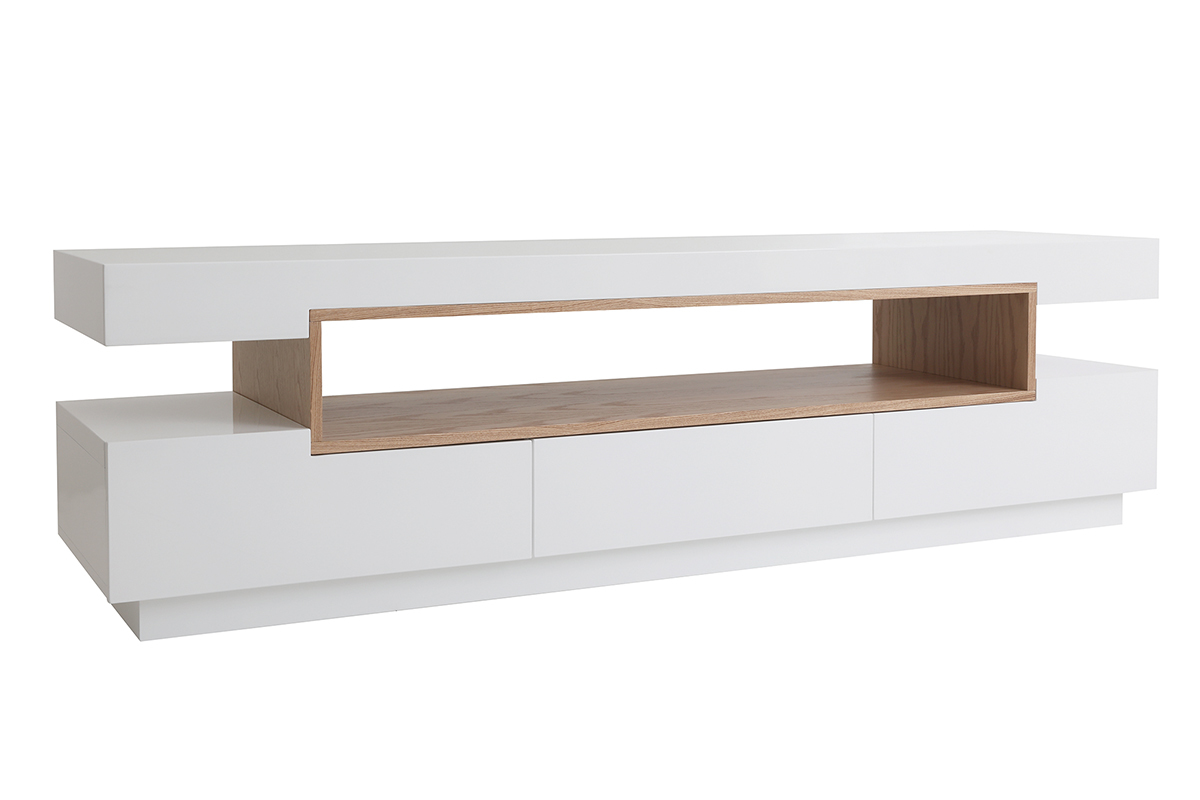 Meuble TV blanc laqu� brillant et bois avec trois tiroirs, vue de 3/4.