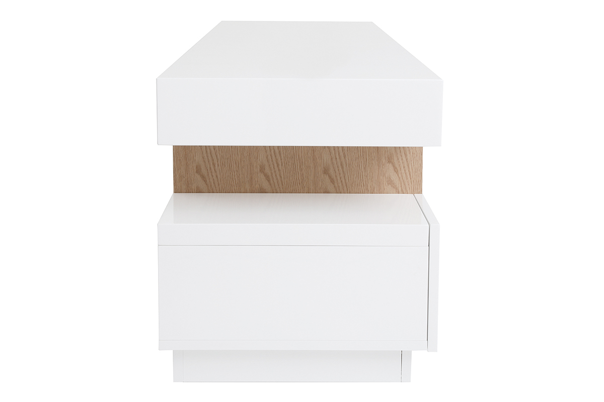 Meuble TV design blanc laqu� et bois, vue de profil.