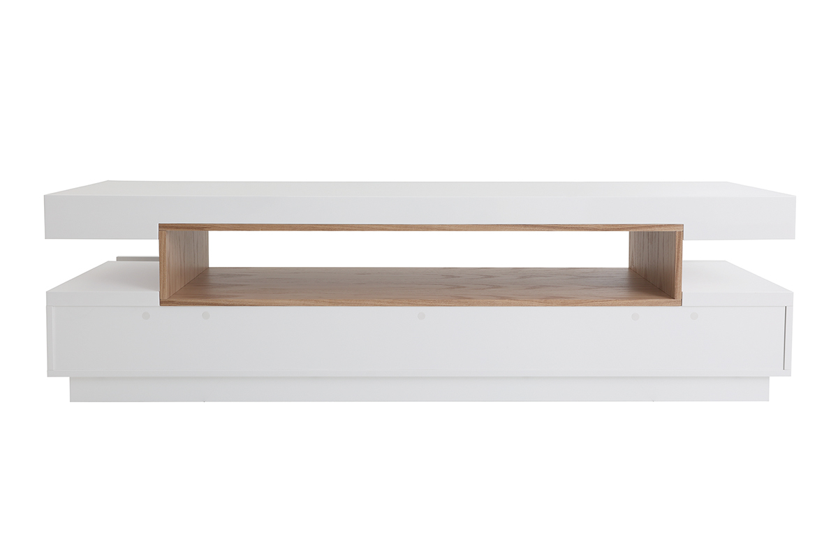 Meuble TV design blanc laqu� et bois avec �tag�re centrale, vue de dos.