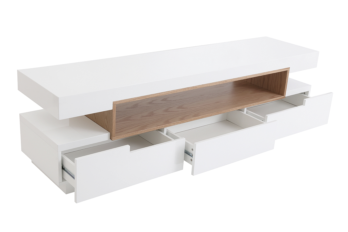 Meuble TV blanc laqu� avec finition bois et trois tiroirs ouverts, vue de c�t�.
