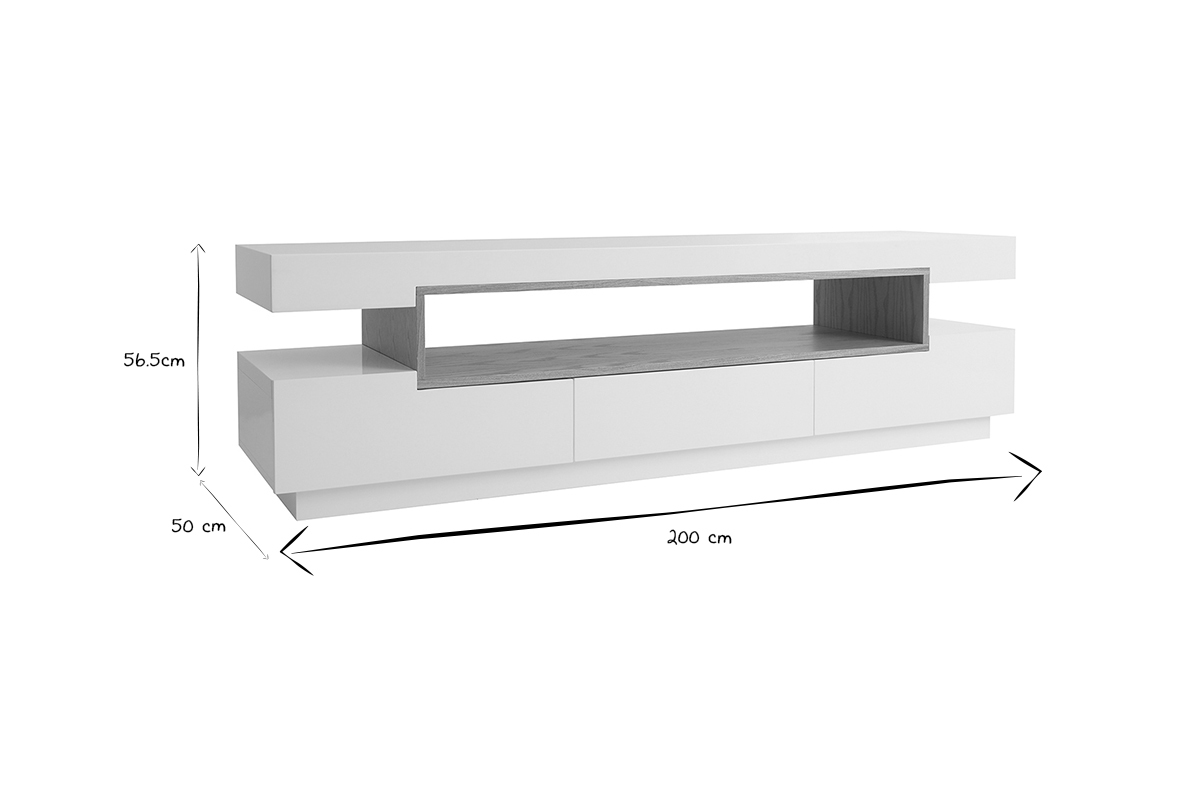 Dimensions du meuble TV LIVO en noir et blanc : 200 cm de large, 56,5 cm de haut, 50 cm de profondeur.