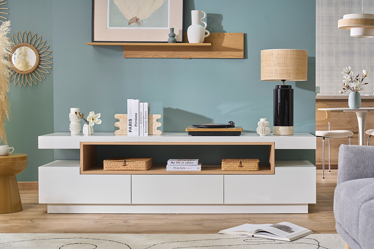 Meuble TV design blanc laqu� brillant et bois L200 cm LIVO