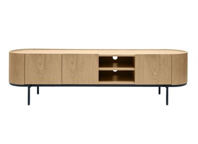 Meuble TV design bois clair et m&eacute;tal noir avec rangements L180 cm SKYE