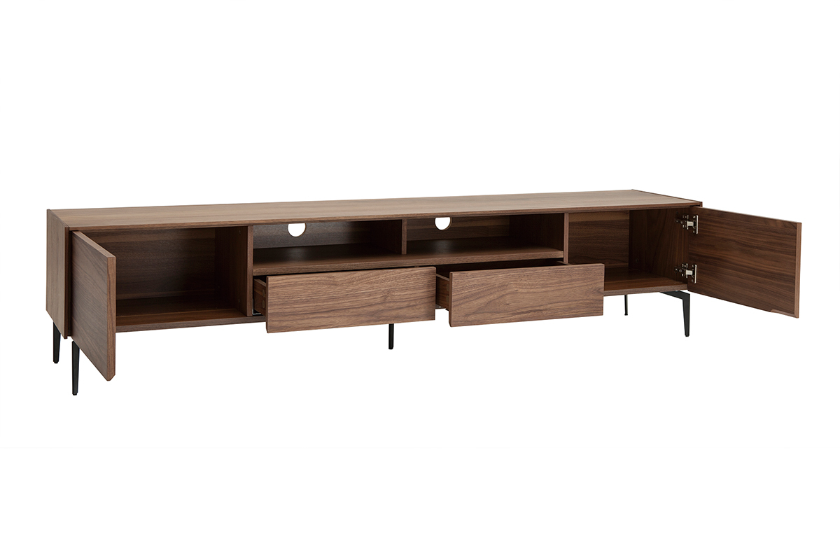Meuble TV design bois fonc� noyer et m�tal noir 2 portes 2 tiroirs L200 cm BLISS