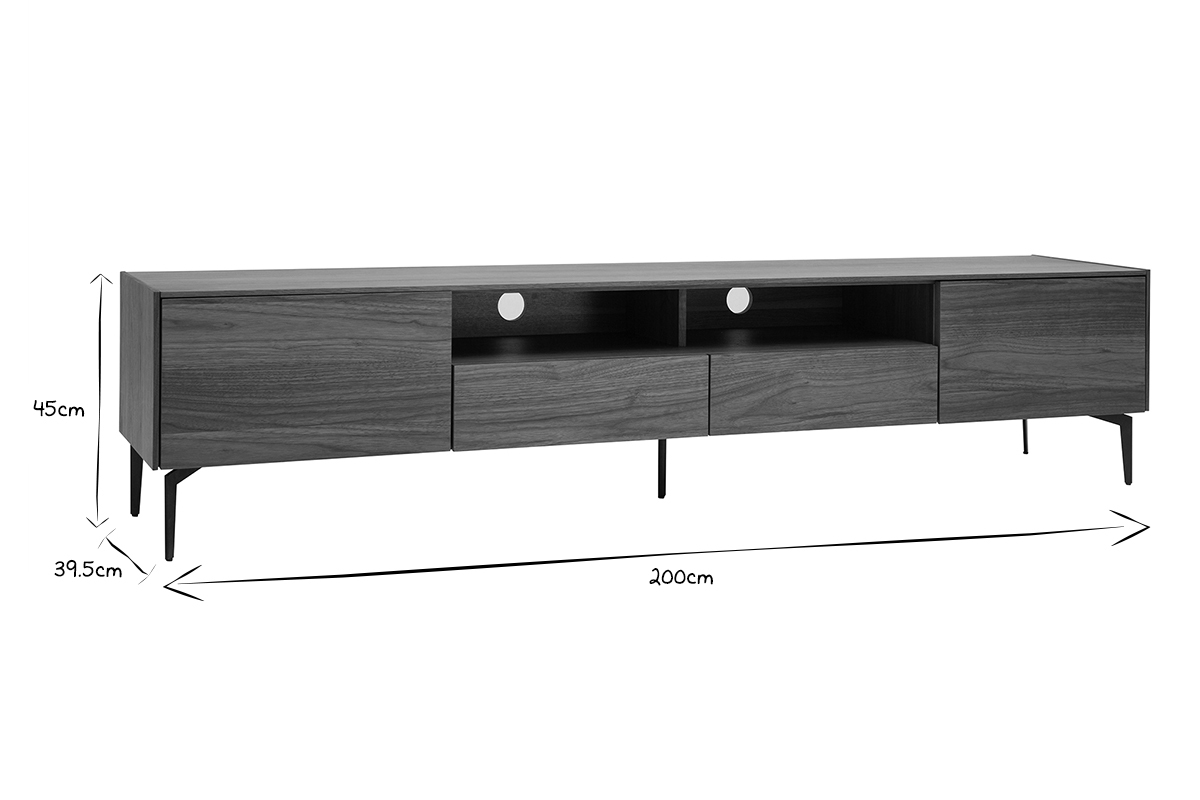 Meuble TV design bois fonc� noyer et m�tal noir 2 portes 2 tiroirs L200 cm BLISS