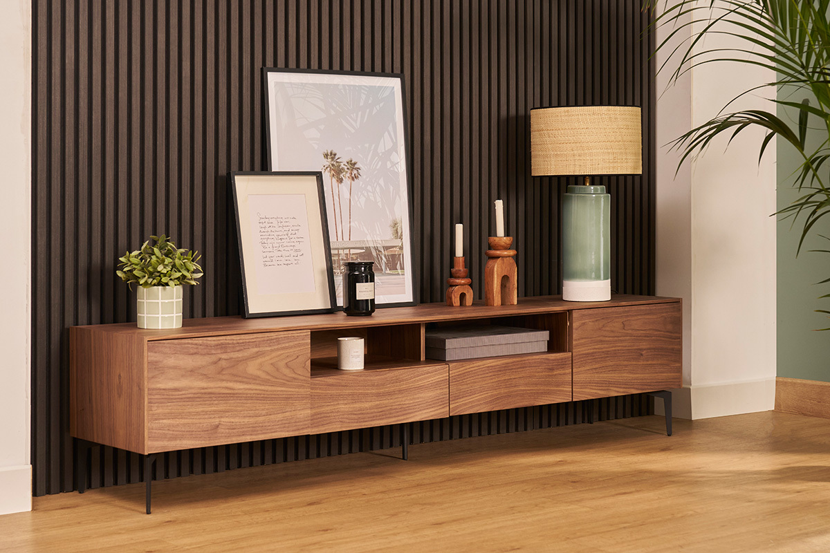 Meuble TV design bois fonc� noyer et m�tal noir 2 portes 2 tiroirs L200 cm BLISS