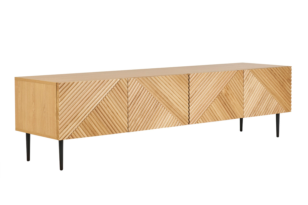 Meuble TV design en bois clair ch�ne massif grav� et m�tal noir 4 portes L180 cm ARCHIPEL