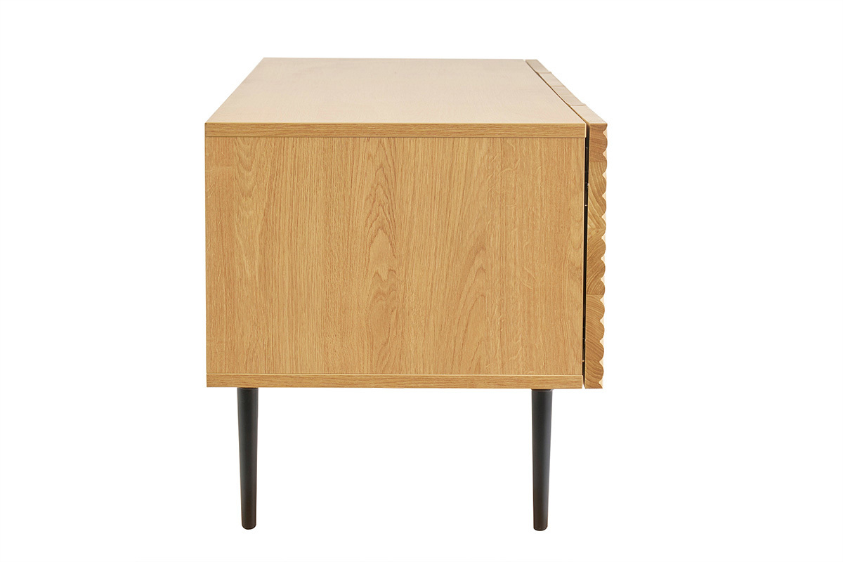 Meuble TV design en bois clair ch�ne massif grav� et m�tal noir 4 portes L180 cm ARCHIPEL