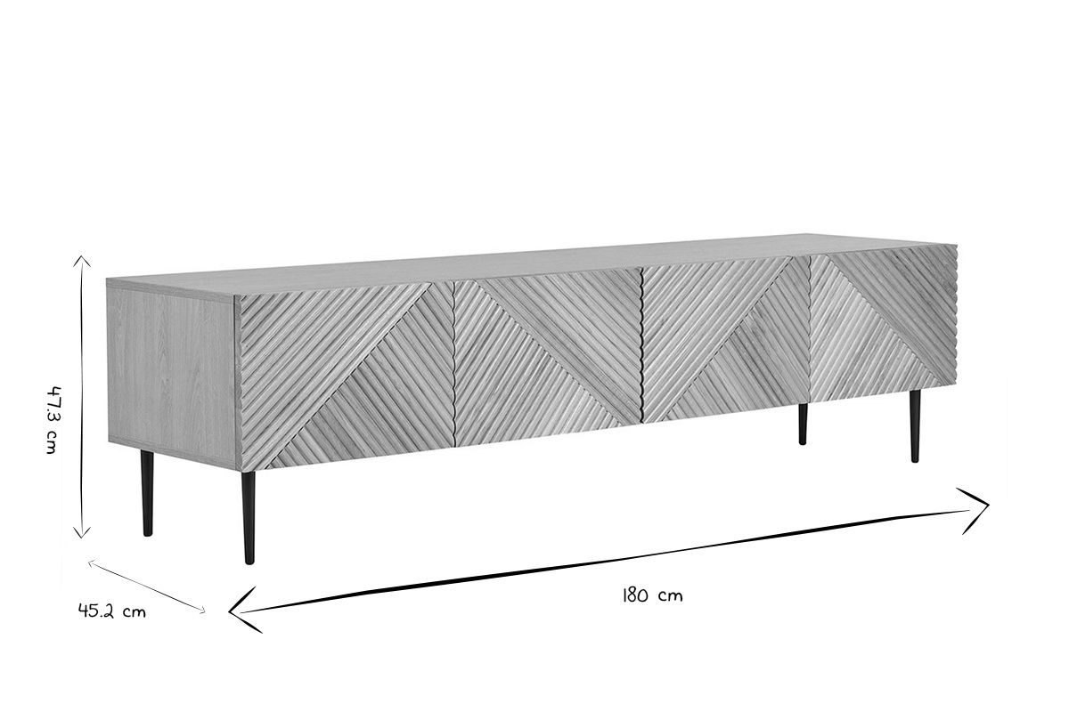 Meuble TV design en bois clair ch�ne massif grav� et m�tal noir 4 portes L180 cm ARCHIPEL