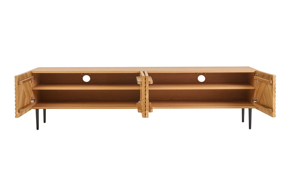 Meuble TV design en bois clair ch�ne massif grav� et m�tal noir 4 portes L180 cm ARCHIPEL