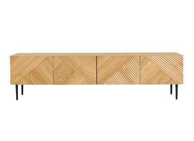 Meuble TV design en bois clair ch&ecirc;ne massif grav&eacute; et m&eacute;tal noir 4 portes L180 cm ARCHIPEL