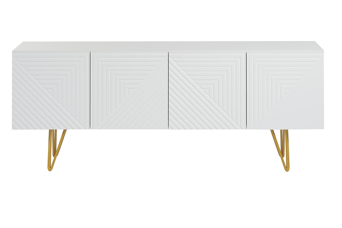 Meuble TV design grav� blanc et m�tal dor� L140 cm OZEN