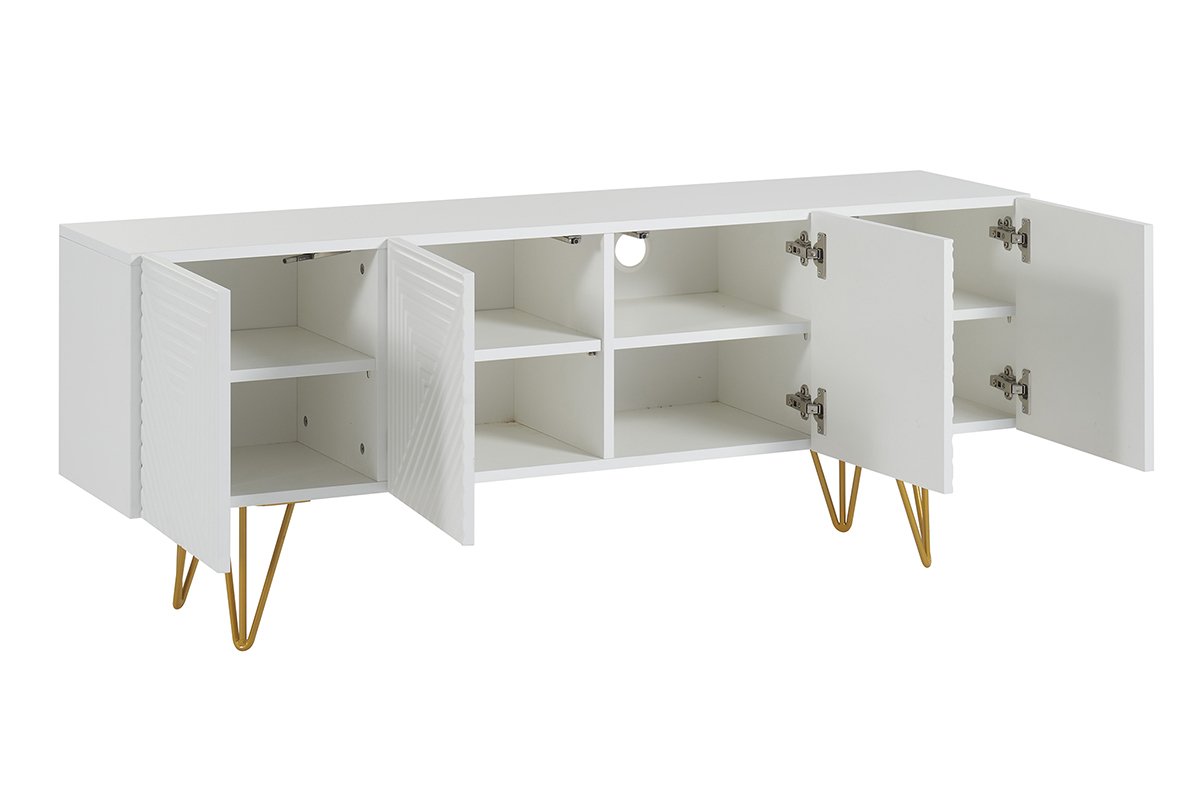 Meuble TV design grav� blanc et m�tal dor� L140 cm OZEN