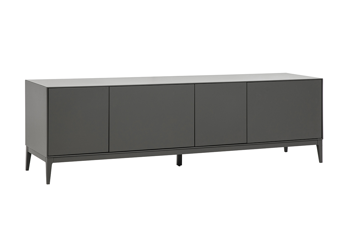 Meuble TV gris brillant avec rangements, vue de 3/4.